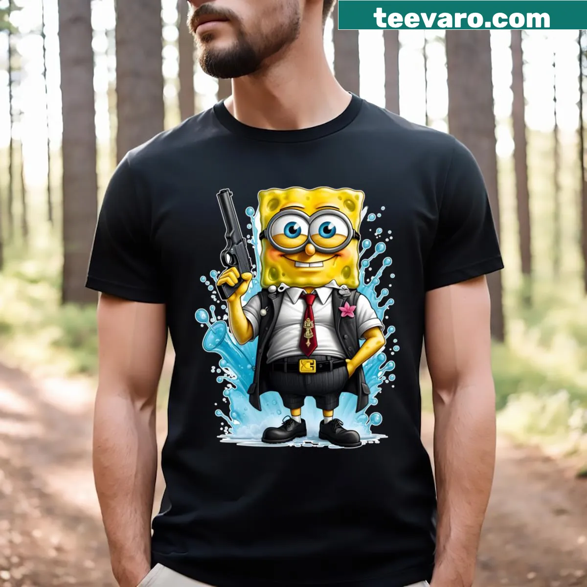 Gangster-style cartoon sponge T-shirt with a humorous design — on a men's t-shirt