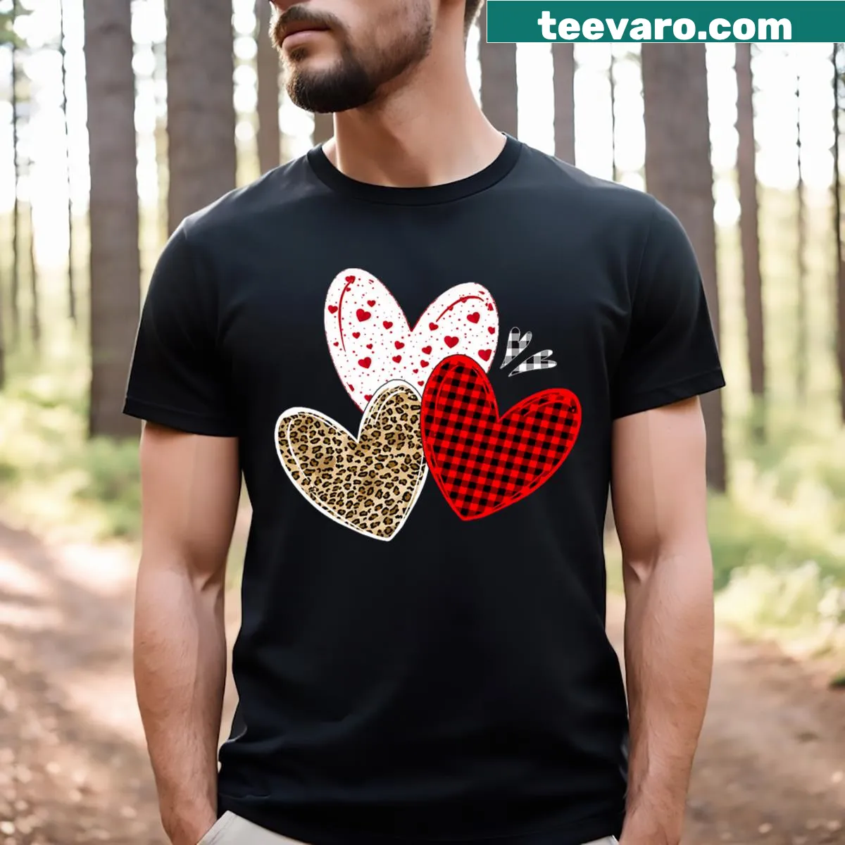 Cute Valentine's Day T-shirt with hearts and leopard print — on a men's t-shirt