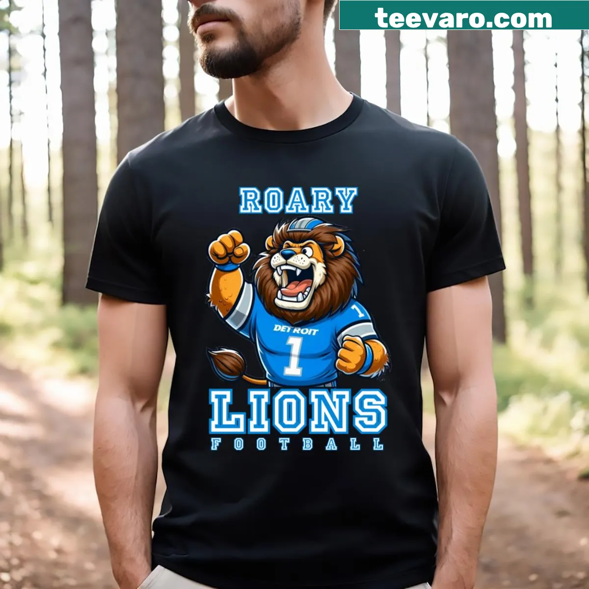Detroit Lions t-shirt with bold team name in athletic font — on a men's t-shirt