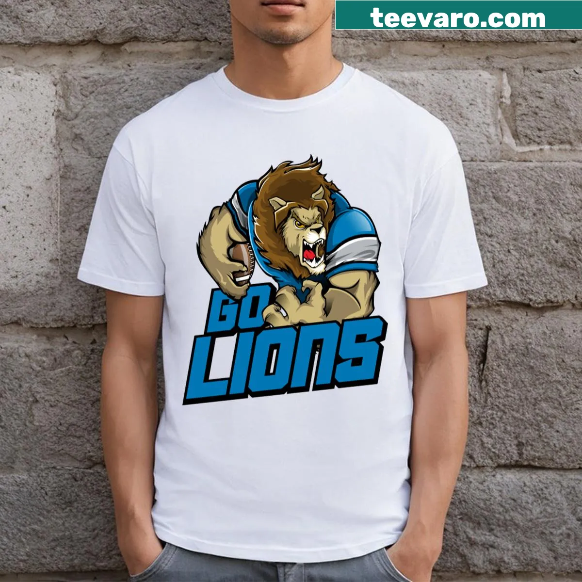 Graphic text 'Go Lions!' for Detroit Lions Football — on a men's t-shirt
