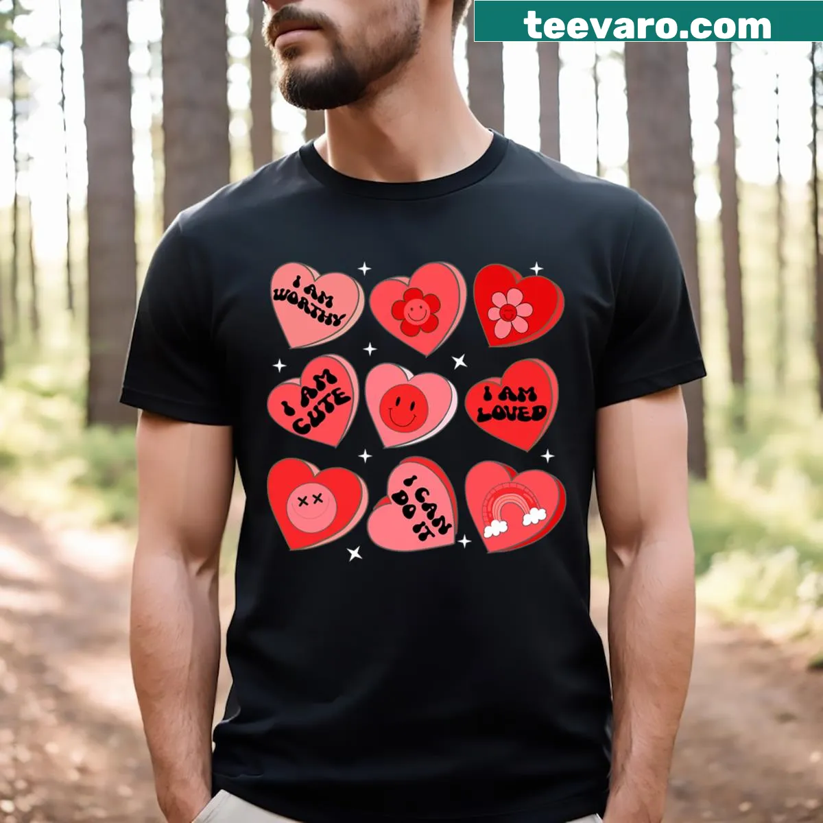 Valentine's Day T-shirt with cartoon candy hearts design — on a men's t-shirt
