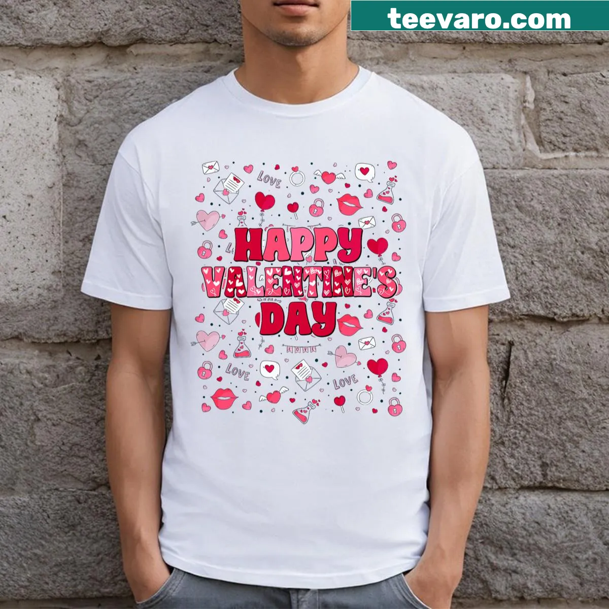 Valentine's Day T-shirt featuring cute matching designs for couples. — on a men's t-shirt