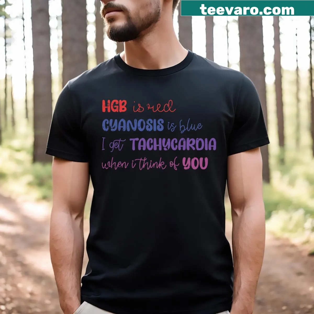 Clever nursing T-shirt with Hgb and Cyanosis text — on a men's t-shirt