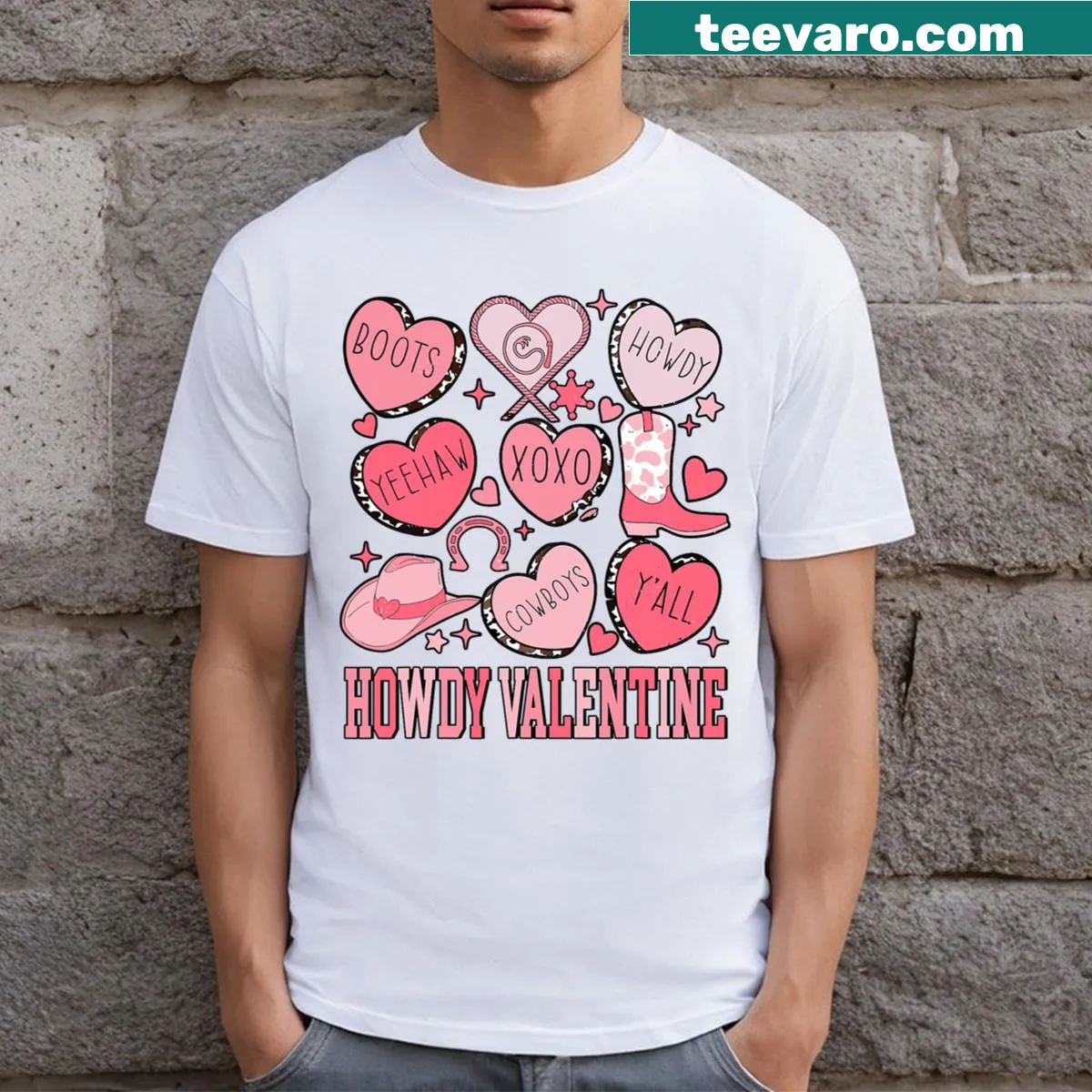 Howdy Valentine Heart Conversation T-shirt with cowboy boots illustration — on a men's t-shirt