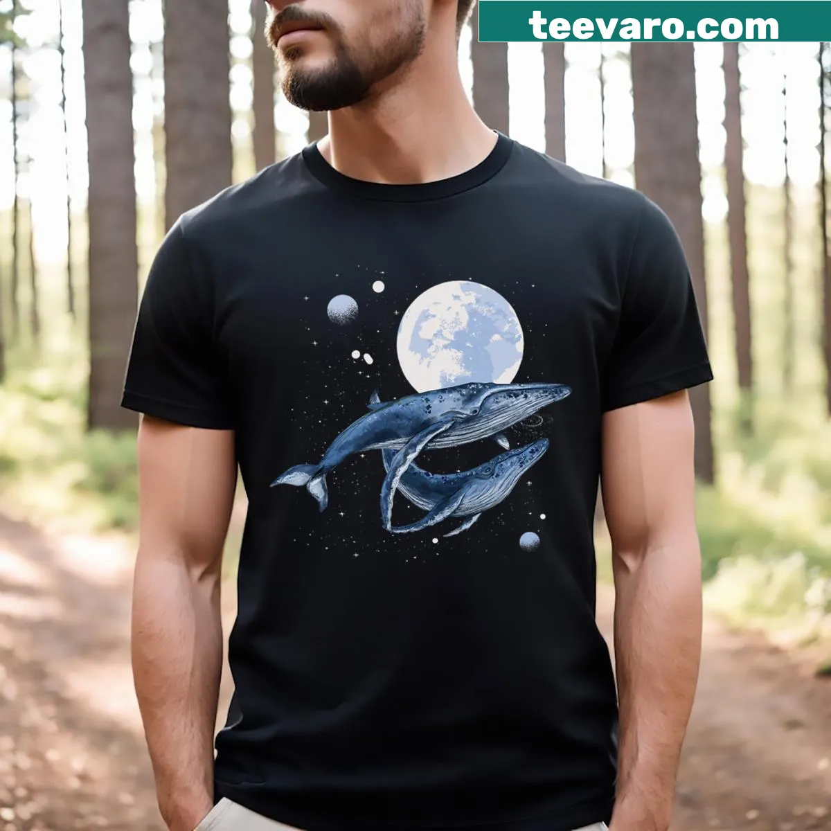 Funny T-shirt with an illustration of a humpback whale in space — on a men's t-shirt