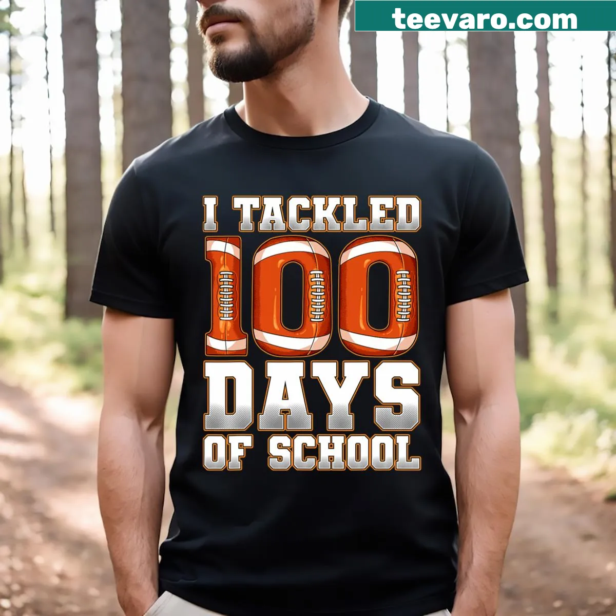 T-shirt celebrating 100 Days Of School with a football theme — on a men's t-shirt