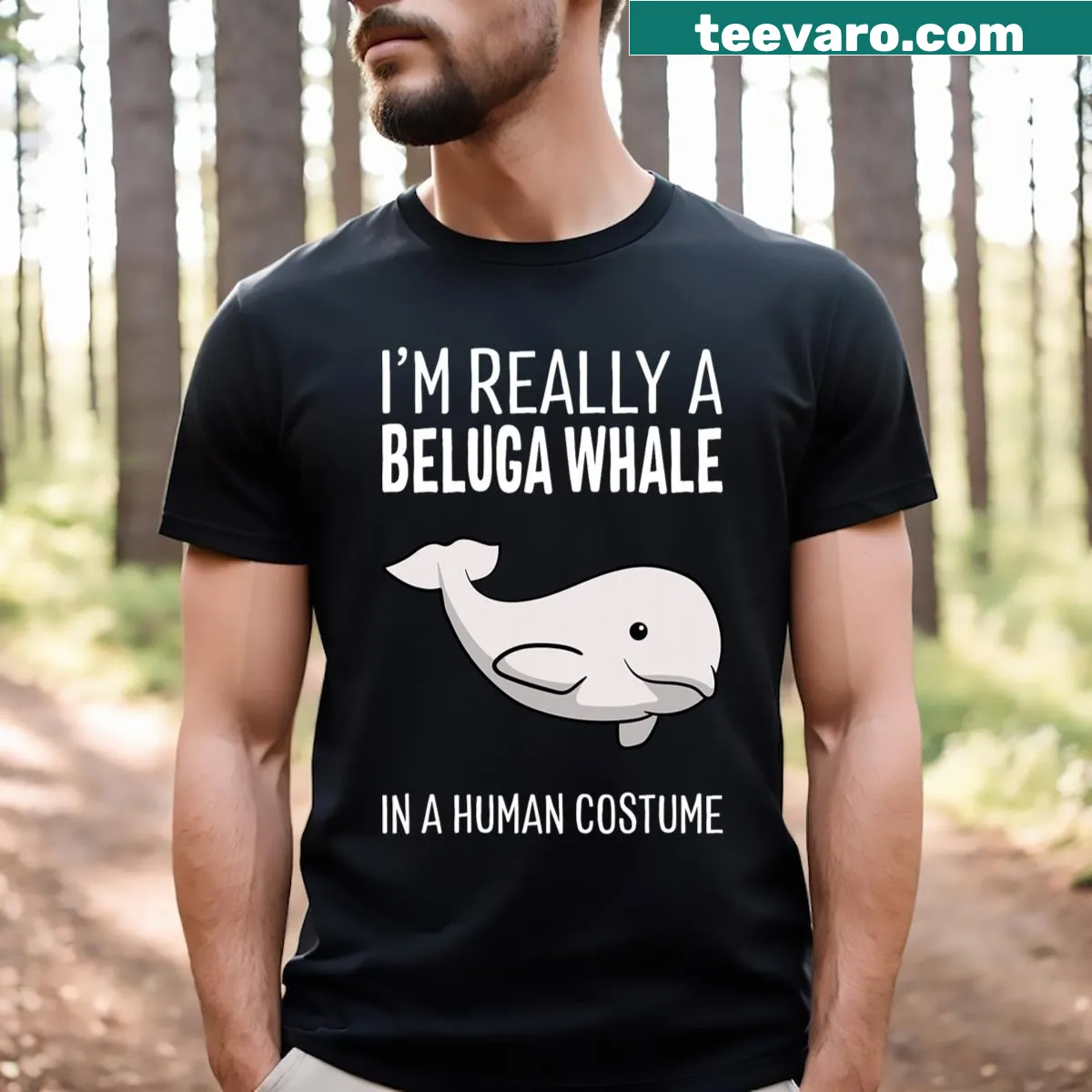 Cute T-shirt featuring a beluga whale in a human costume for Halloween — on a men's t-shirt