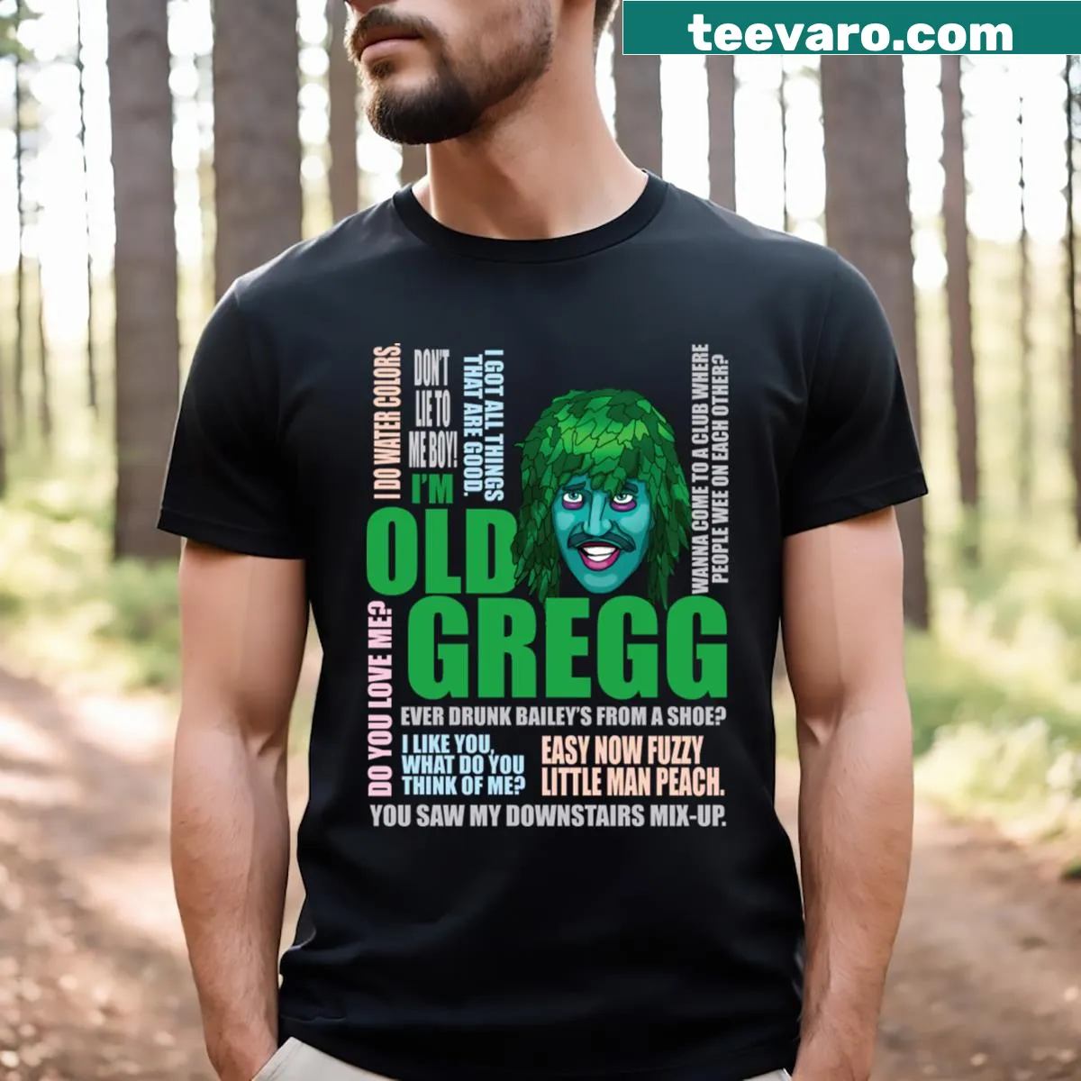 Nostalgic Old Gregg t-shirt with signature phrase — on a men's t-shirt
