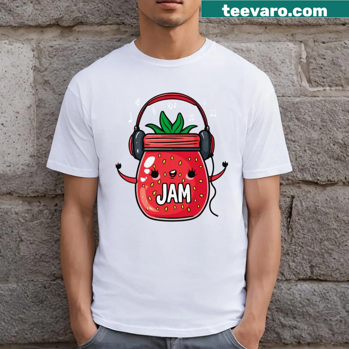 Illustrated jam jar filled with strawberry beats on a t-shirt — on a men's t-shirt