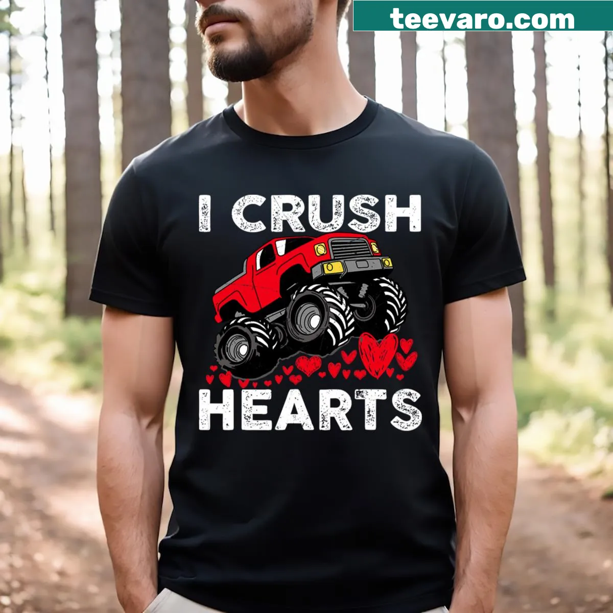 Toddler T-shirt with a cartoon monster truck and 'I Crush Hearts' text — on a men's t-shirt