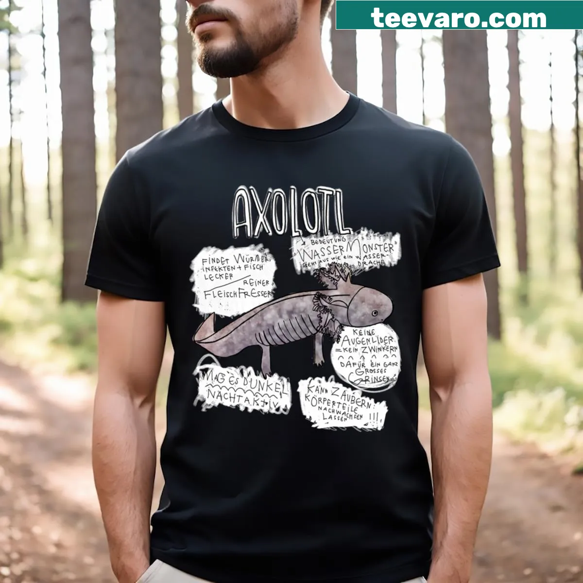Educational T-shirt featuring axolotl facts in engaging typography — on a men's t-shirt