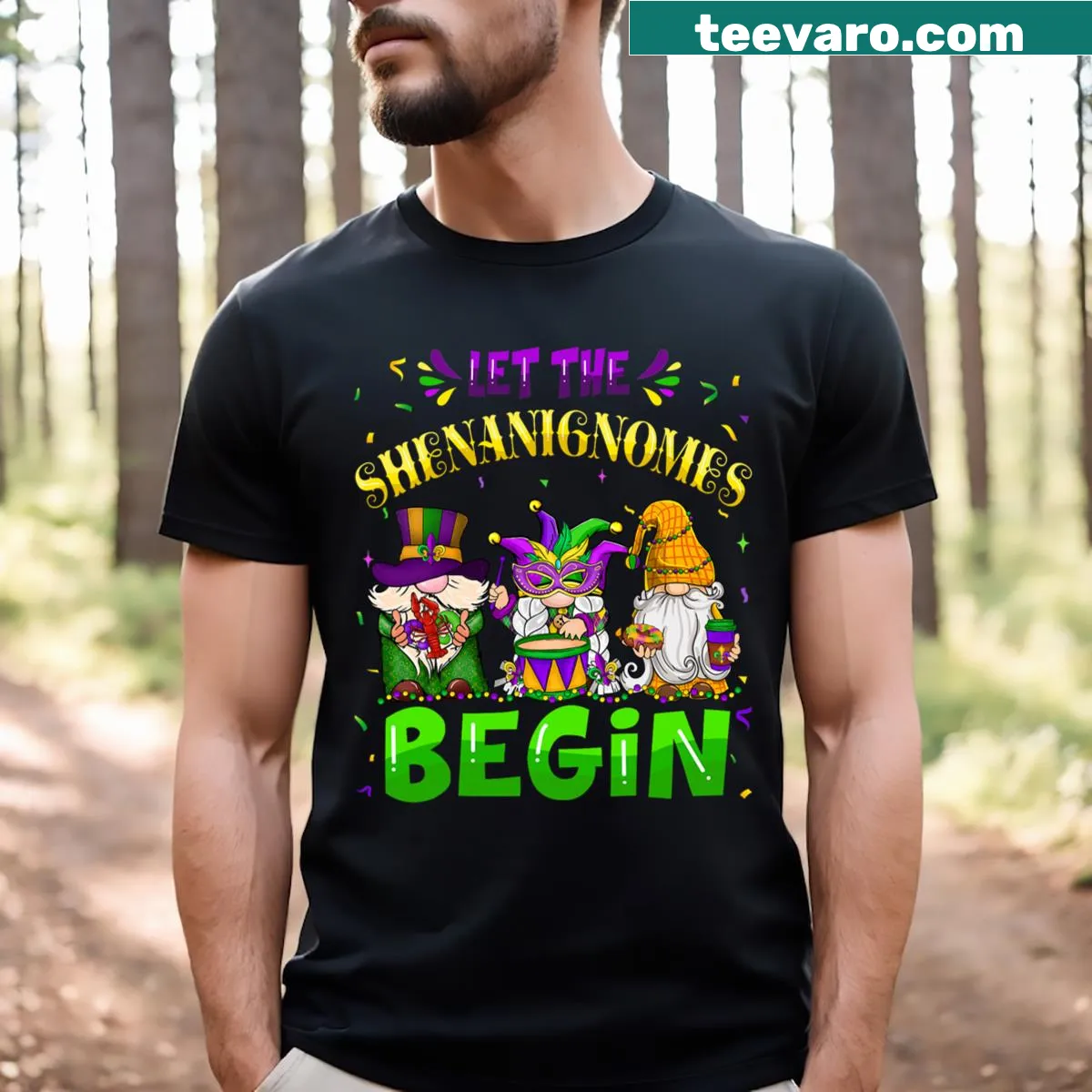 Mardi Gras gnomes cartoon graphic t-shirt for kids — on a men's t-shirt