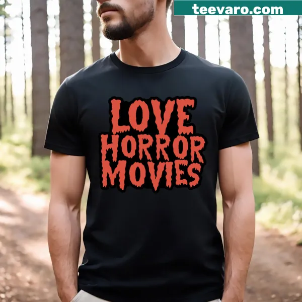 Playful typography T-shirt with 'Love Horror Movies' text
