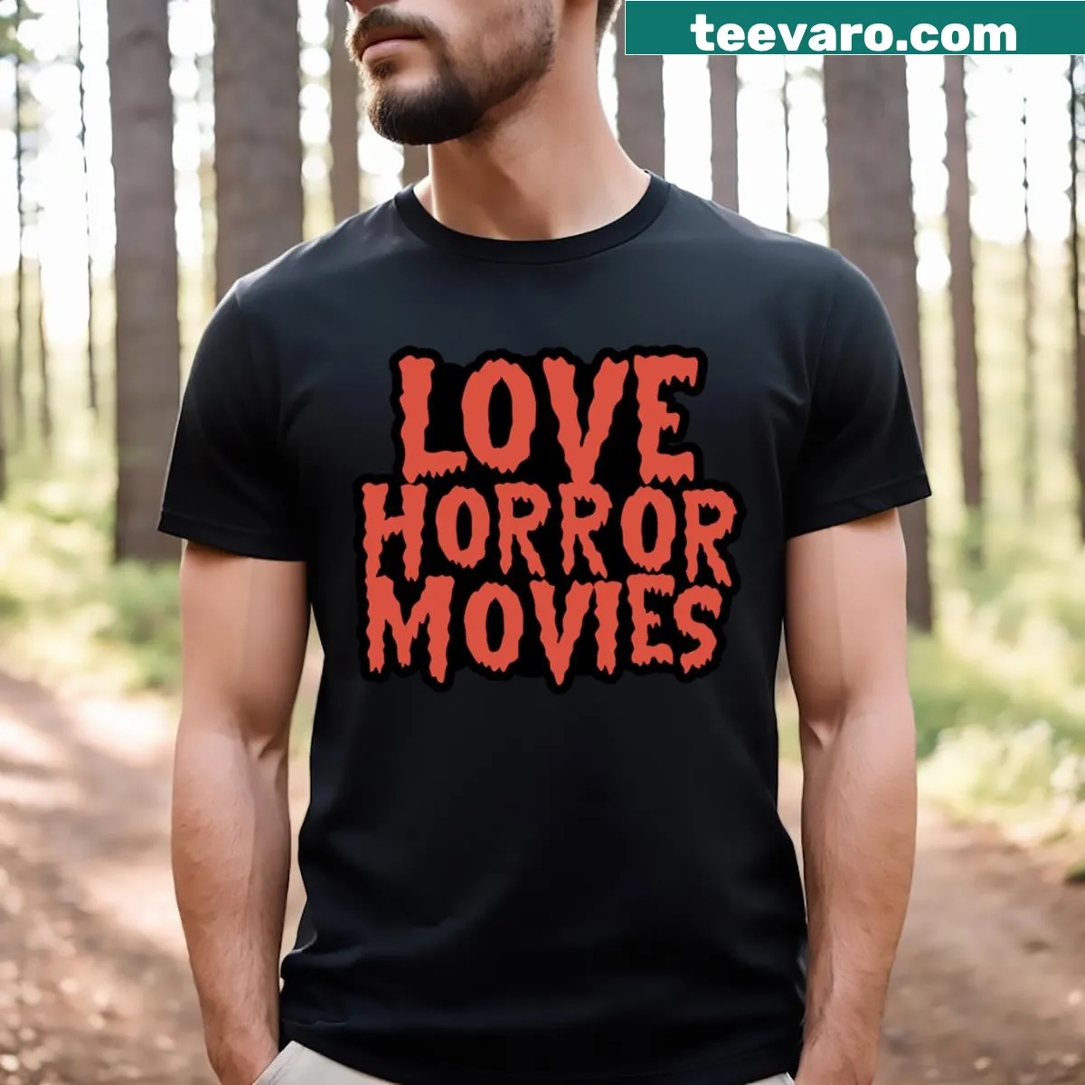 Playful typography T-shirt with 'Love Horror Movies' text — on a men's t-shirt