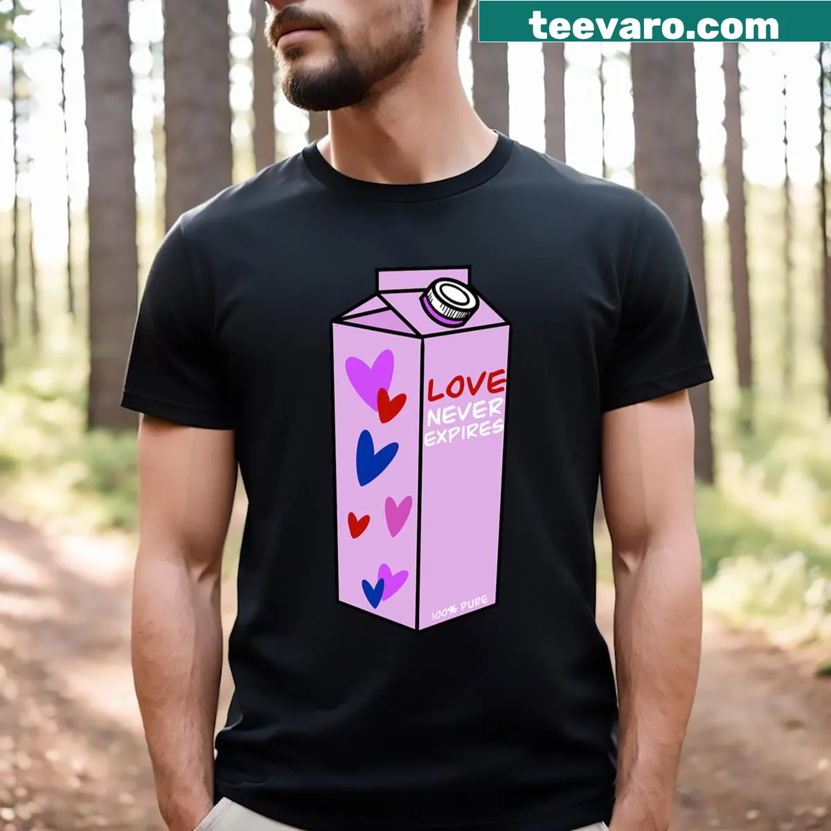 Valentine-themed shirt with a milk carton graphic and love message. — on a men's t-shirt