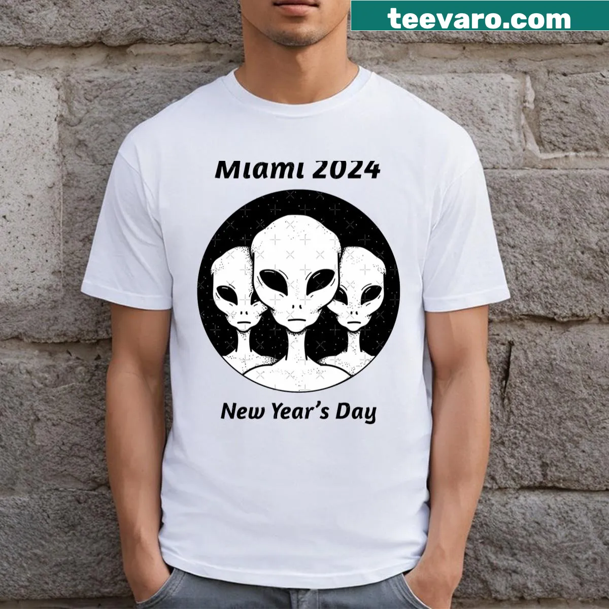 T-shirt featuring a whimsical alien graphic for New Year's Day — on a men's t-shirt