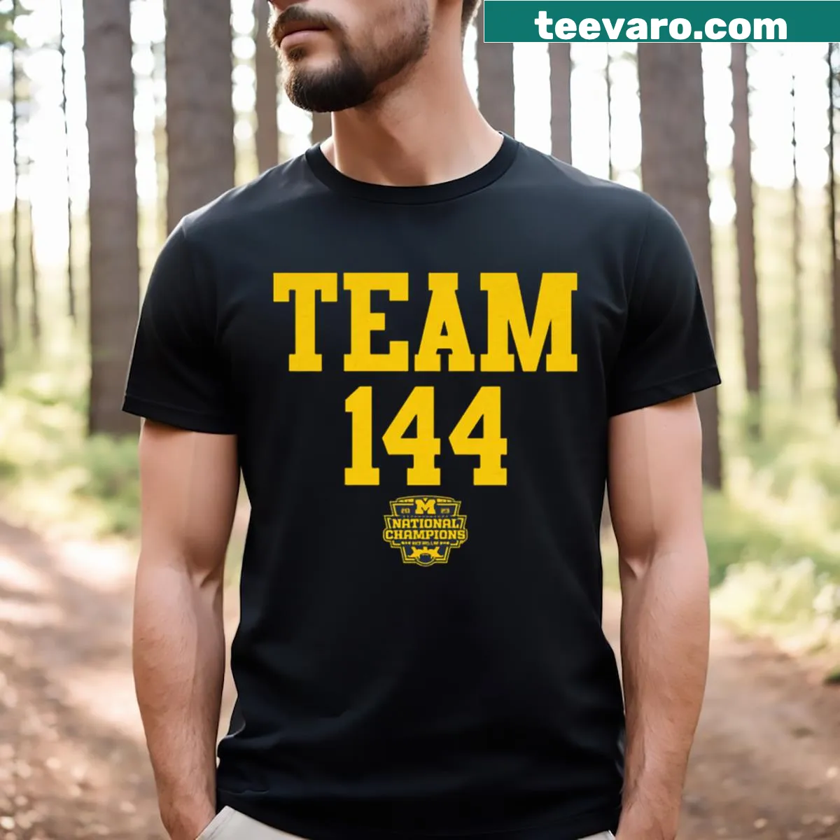 Michigan Football Team 144 National Champions t-shirt with bold text — on a men's t-shirt