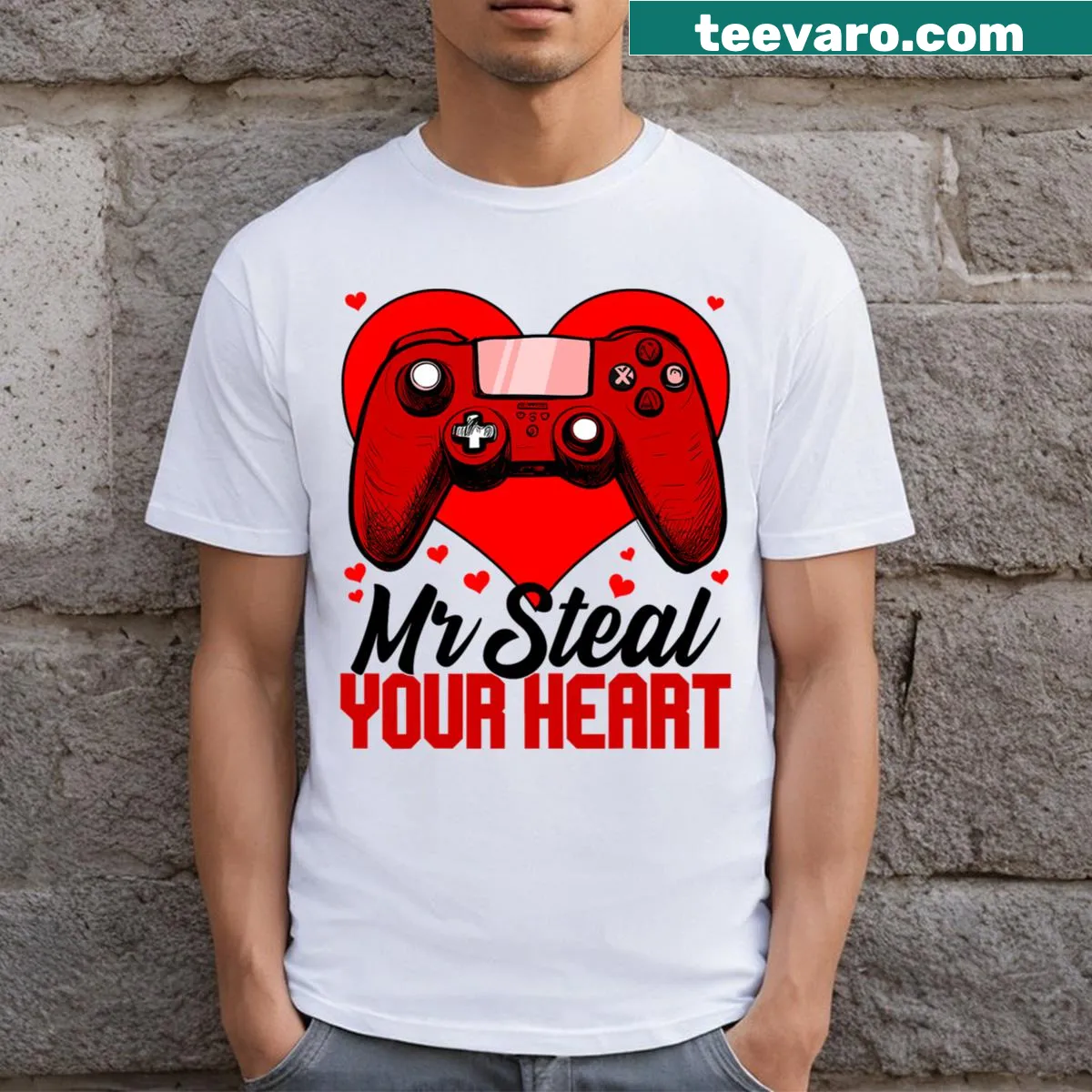 Typography t-shirt featuring 'Mr Steal Your Heart' with game controllers — on a men's t-shirt