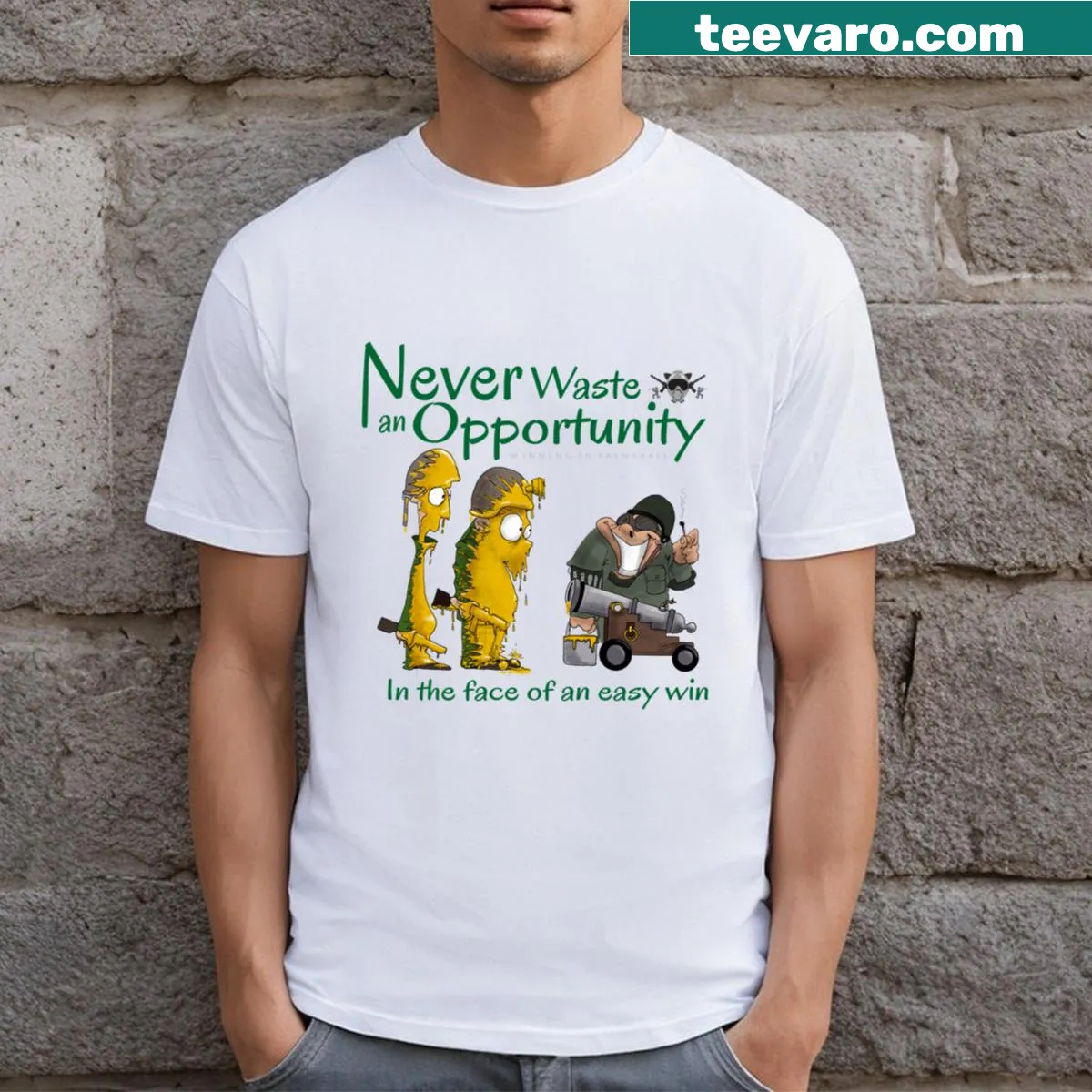 Inspirational t-shirt with the phrase 'Never Waste An Opportunity' in bold letters — on a men's t-shirt