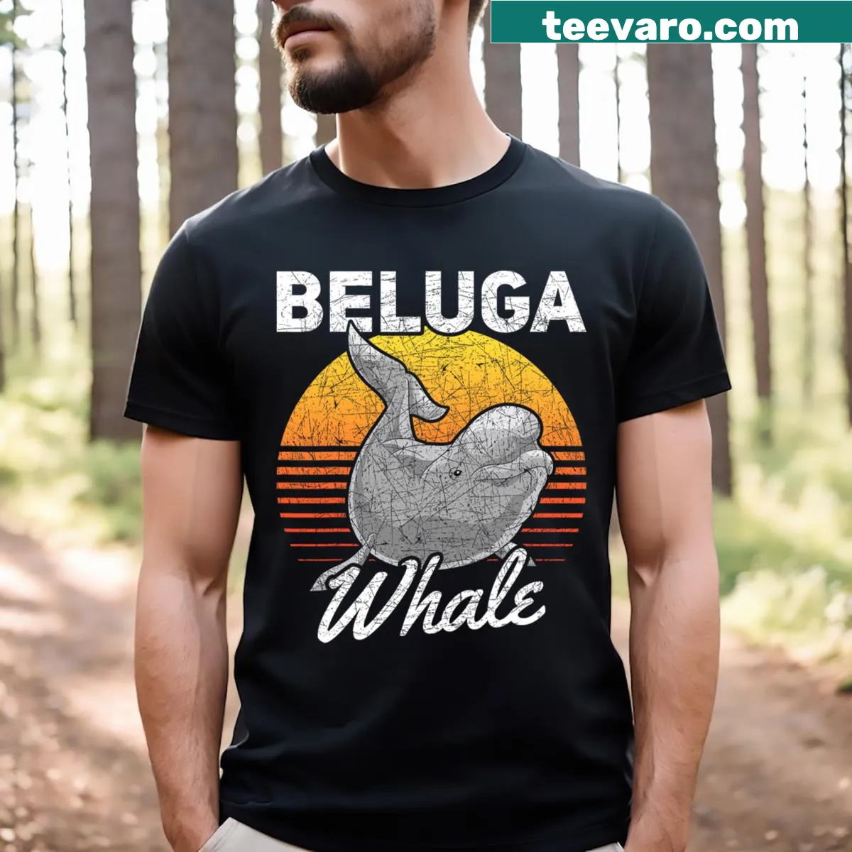 Retro design featuring a beluga whale and ocean themed graphics — on a men's t-shirt