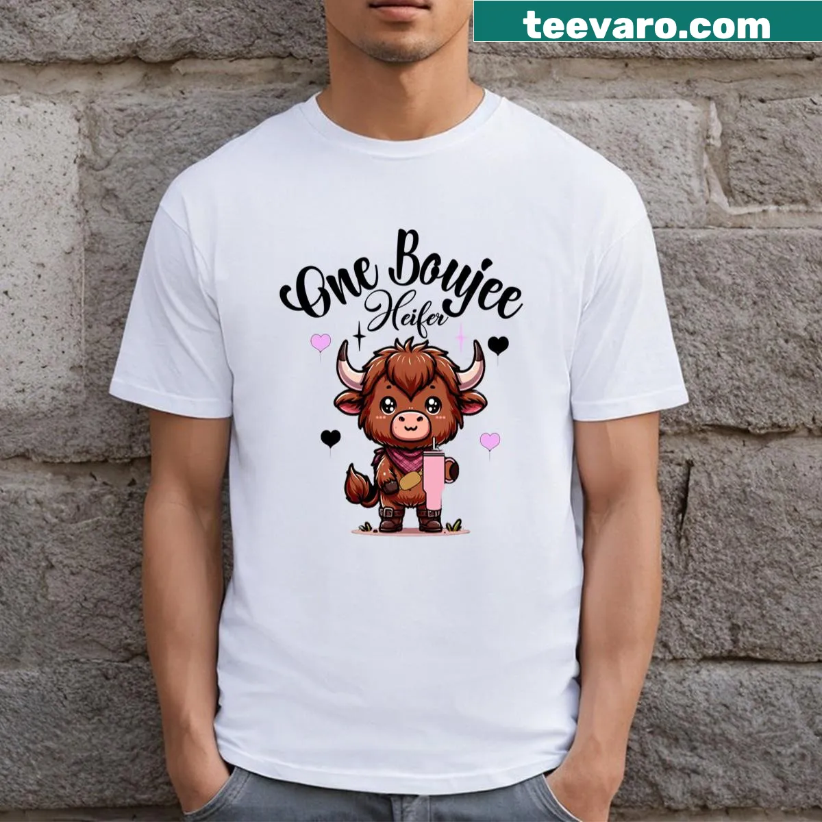 Cute Highland cow illustration with 'One Boujee Heifer' text — on a men's t-shirt