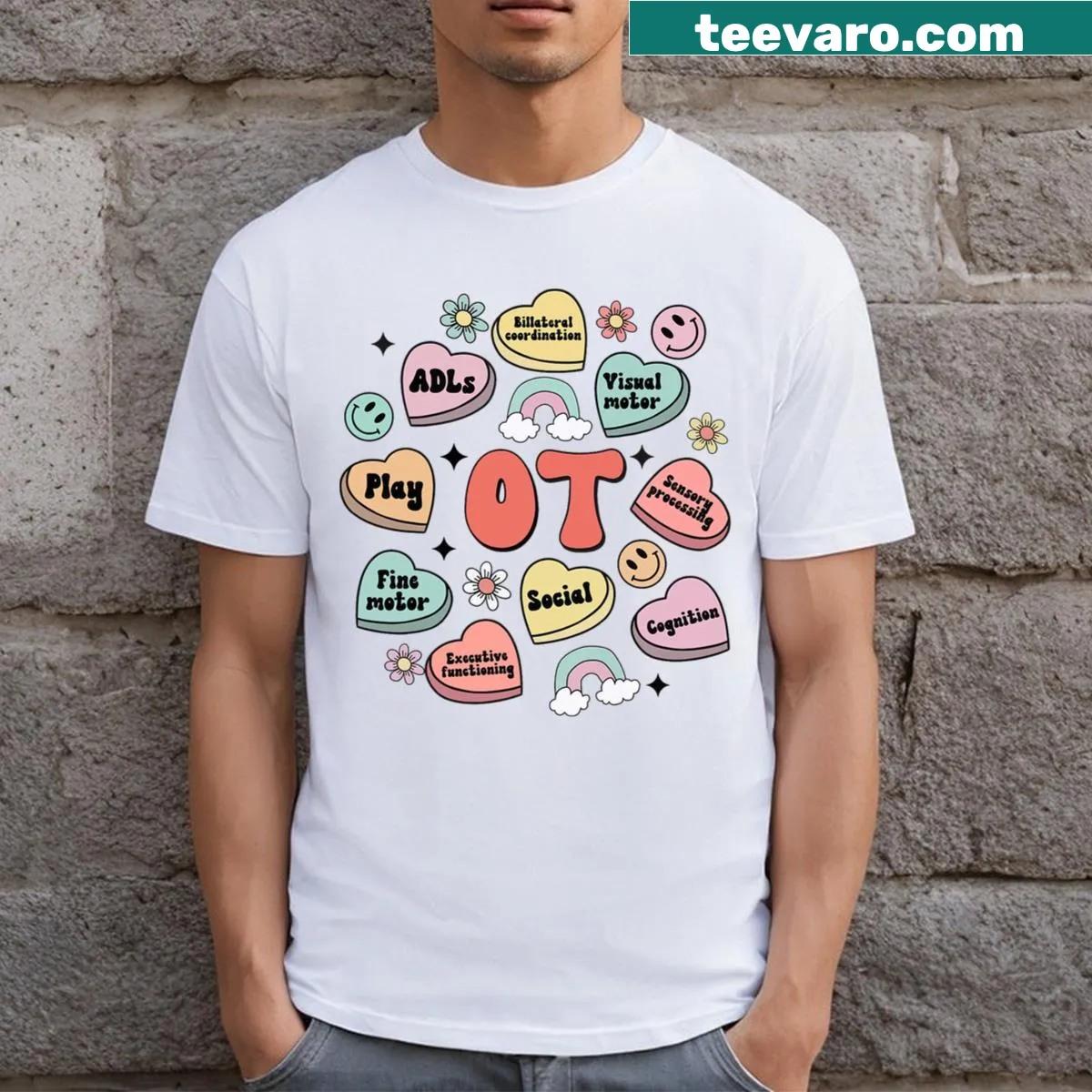 Cute candy heart T-shirt for occupational therapy professionals — on a men's t-shirt