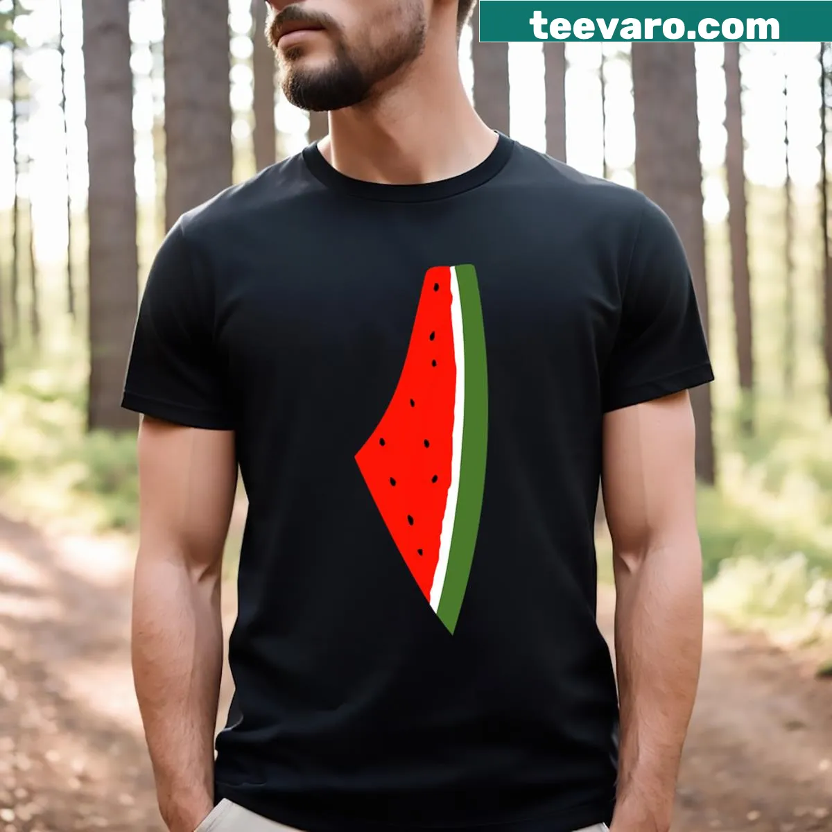 Playful Palestine map design featuring watermelon graphics — on a men's t-shirt