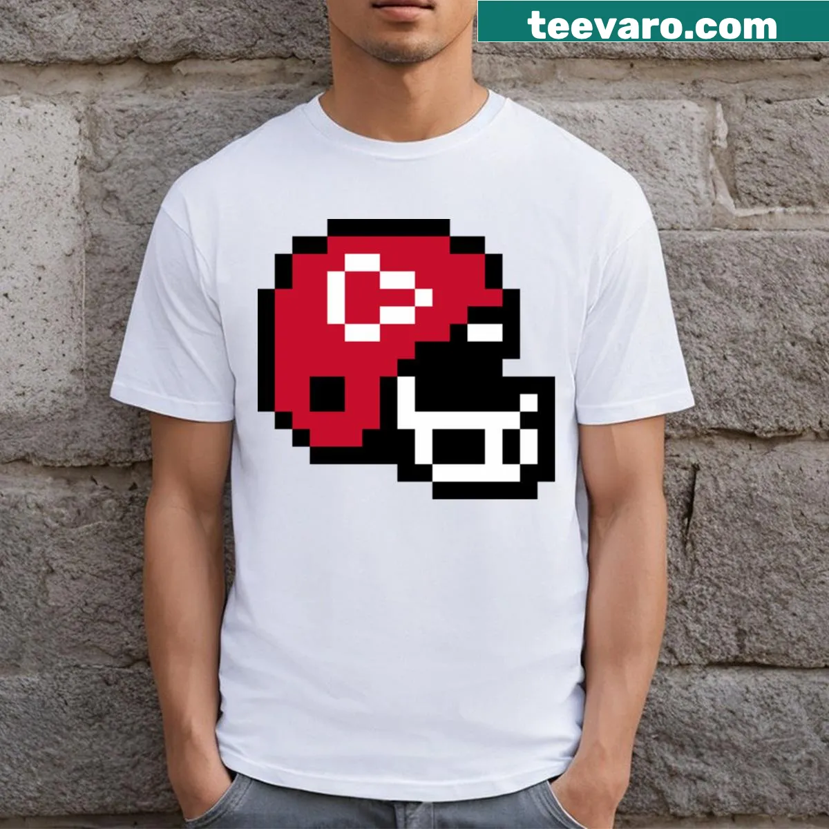 Kansas City sports T-shirt with pixelated helmet design — on a men's t-shirt