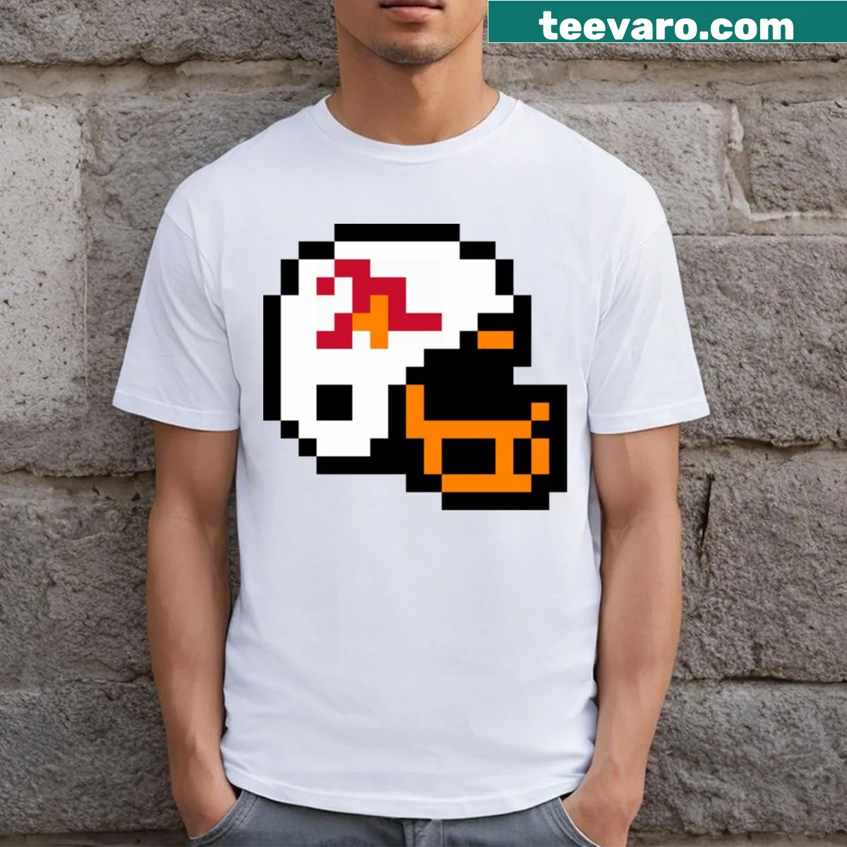 Bold pixelated helmet graphic t-shirt — on a men's t-shirt