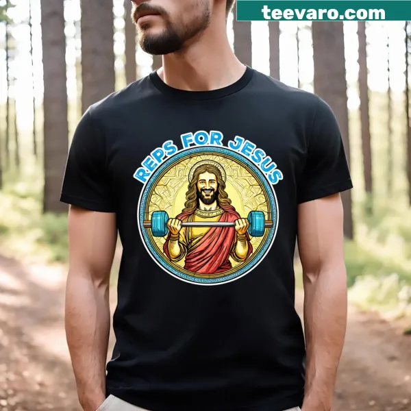 Typography t-shirt with the phrase 'Reps For Jesus' prominently displayed.