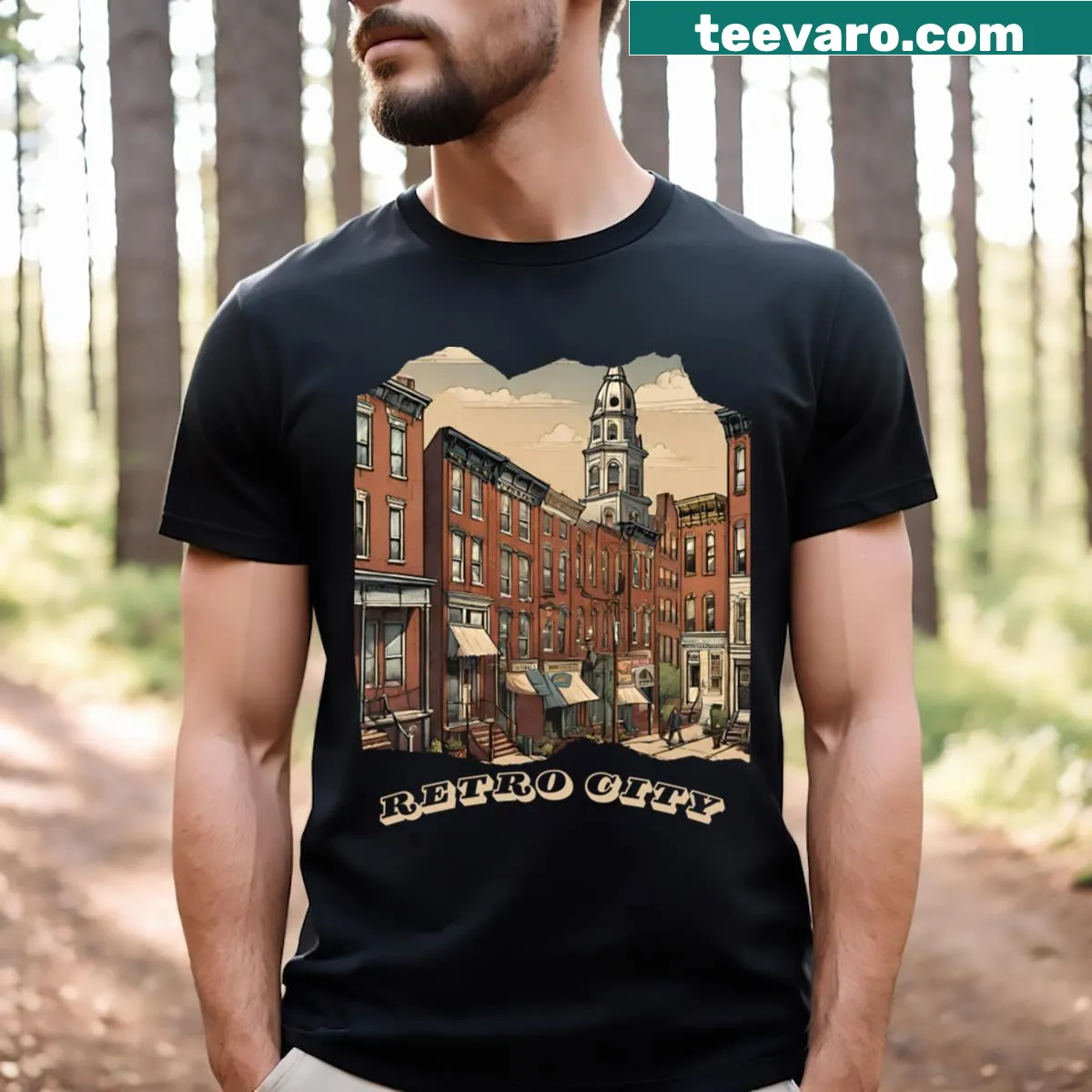 Illustrated retro Baltimore city design on a t-shirt — on a men's t-shirt