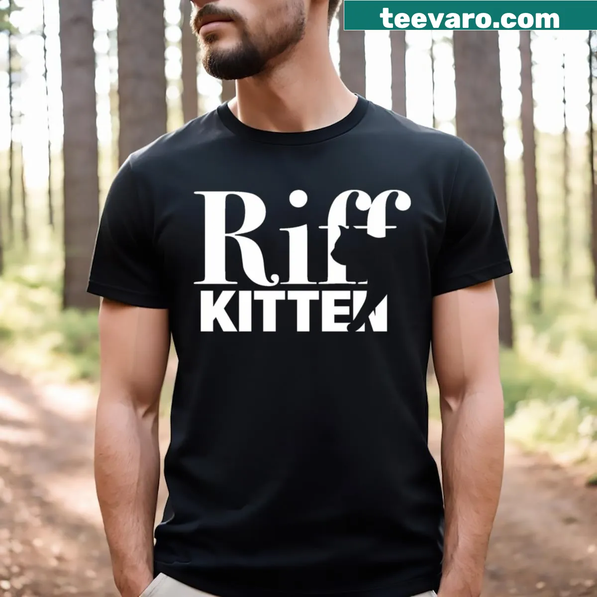 T-shirt featuring a cute kitten logo illustration — on a men's t-shirt