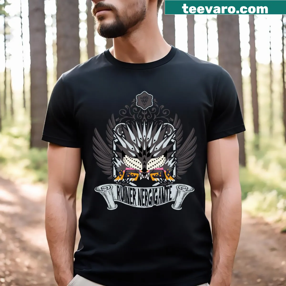 Intricate illustration of Nergigante on a fantasy-themed t-shirt — on a men's t-shirt