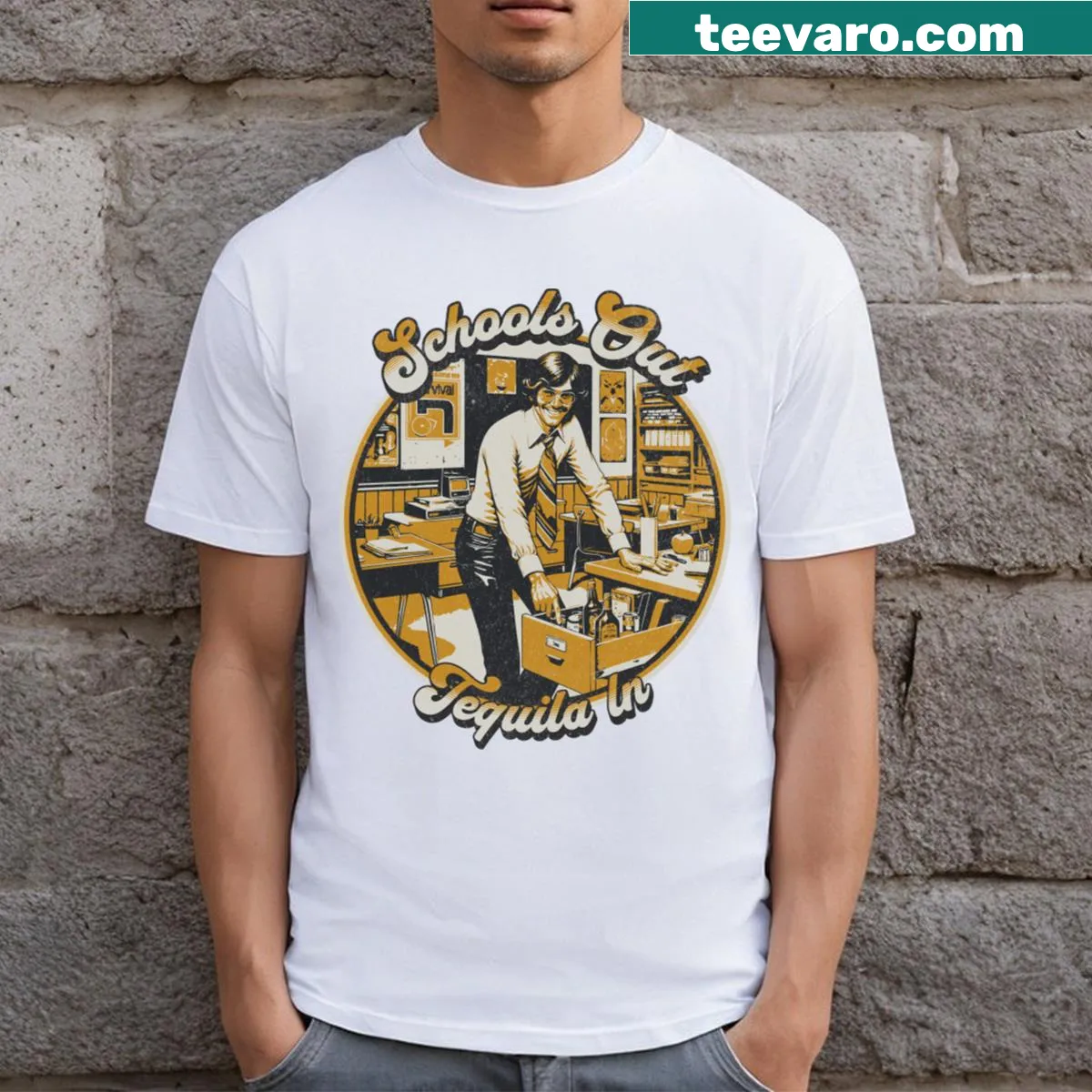 Funny teacher T-shirt with the phrase Schools Out Tequila In — on a men's t-shirt