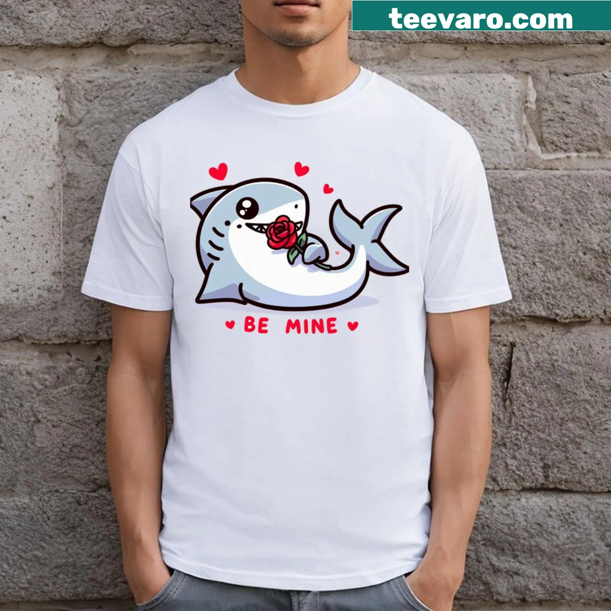 Shark Valentine's Day Be Mine T-shirt with playful shark graphic — on a men's t-shirt