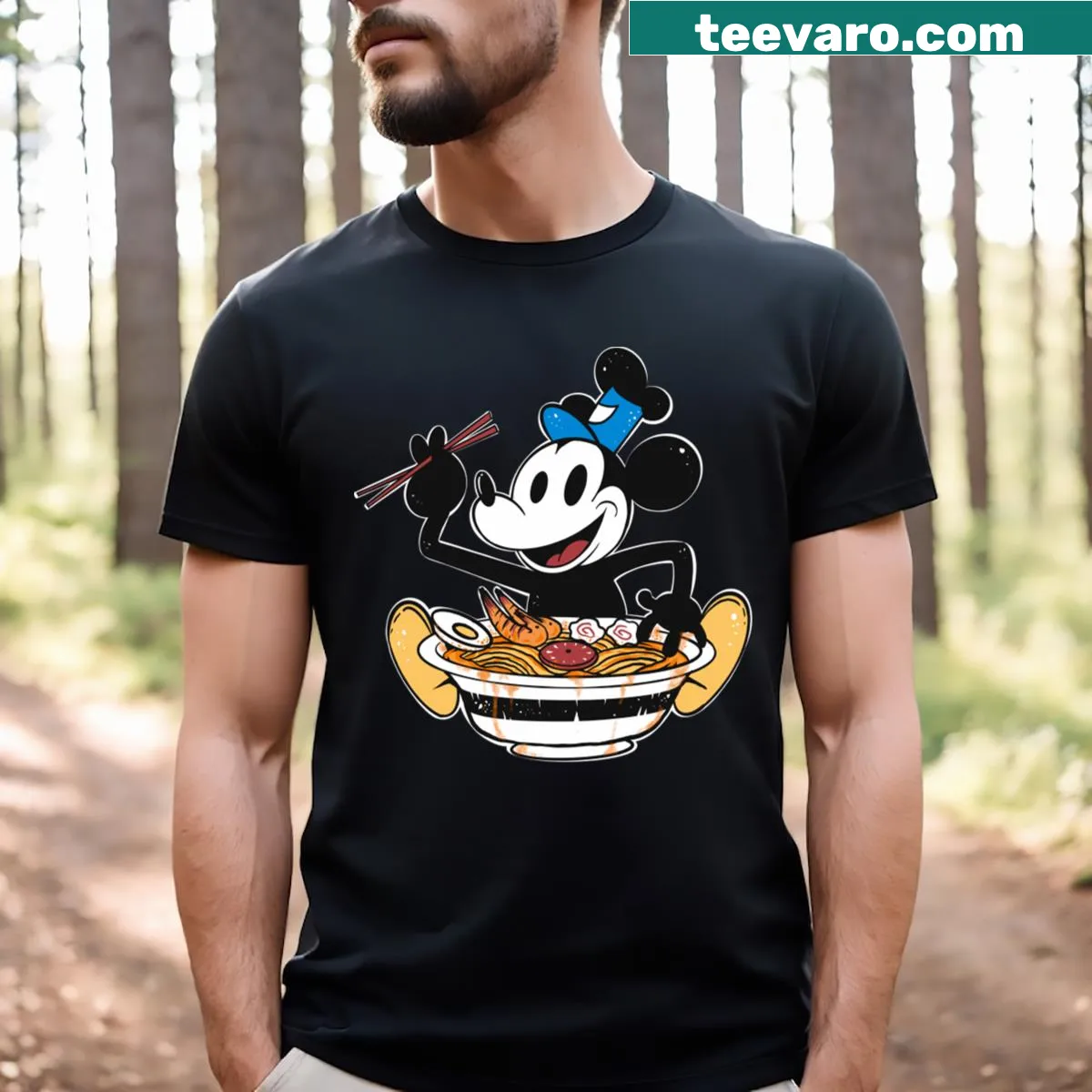 T-shirt featuring Steamboat Willie design with ramen graphics — on a men's t-shirt