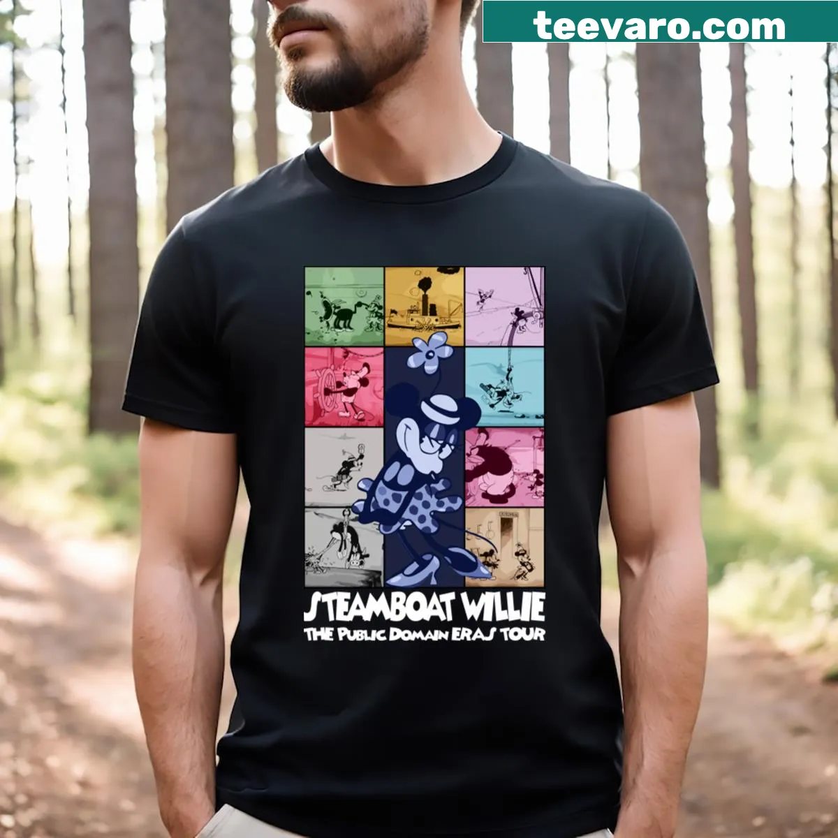 T-shirt showcasing Steamboat Willie for the Public Domain Eras Tour 2 — on a men's t-shirt