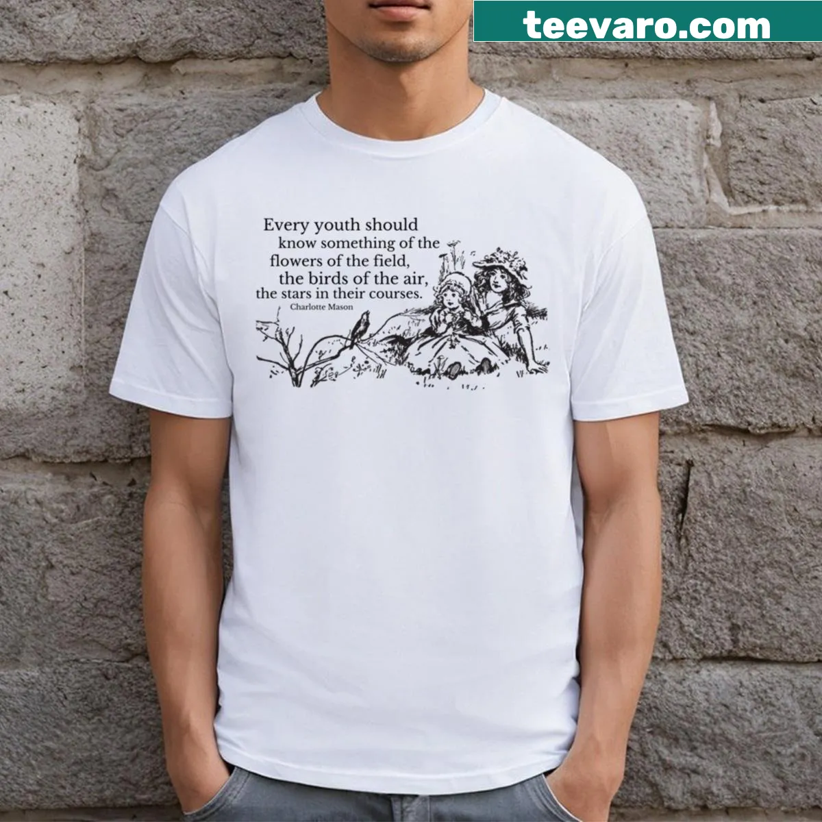 Illustrated t-shirt featuring various birds in flight — on a men's t-shirt
