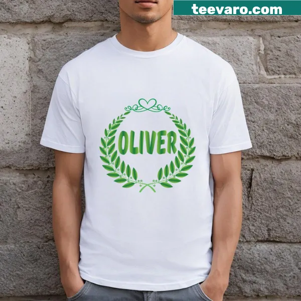 T-shirt featuring popular baby names surrounded by a floral wreath