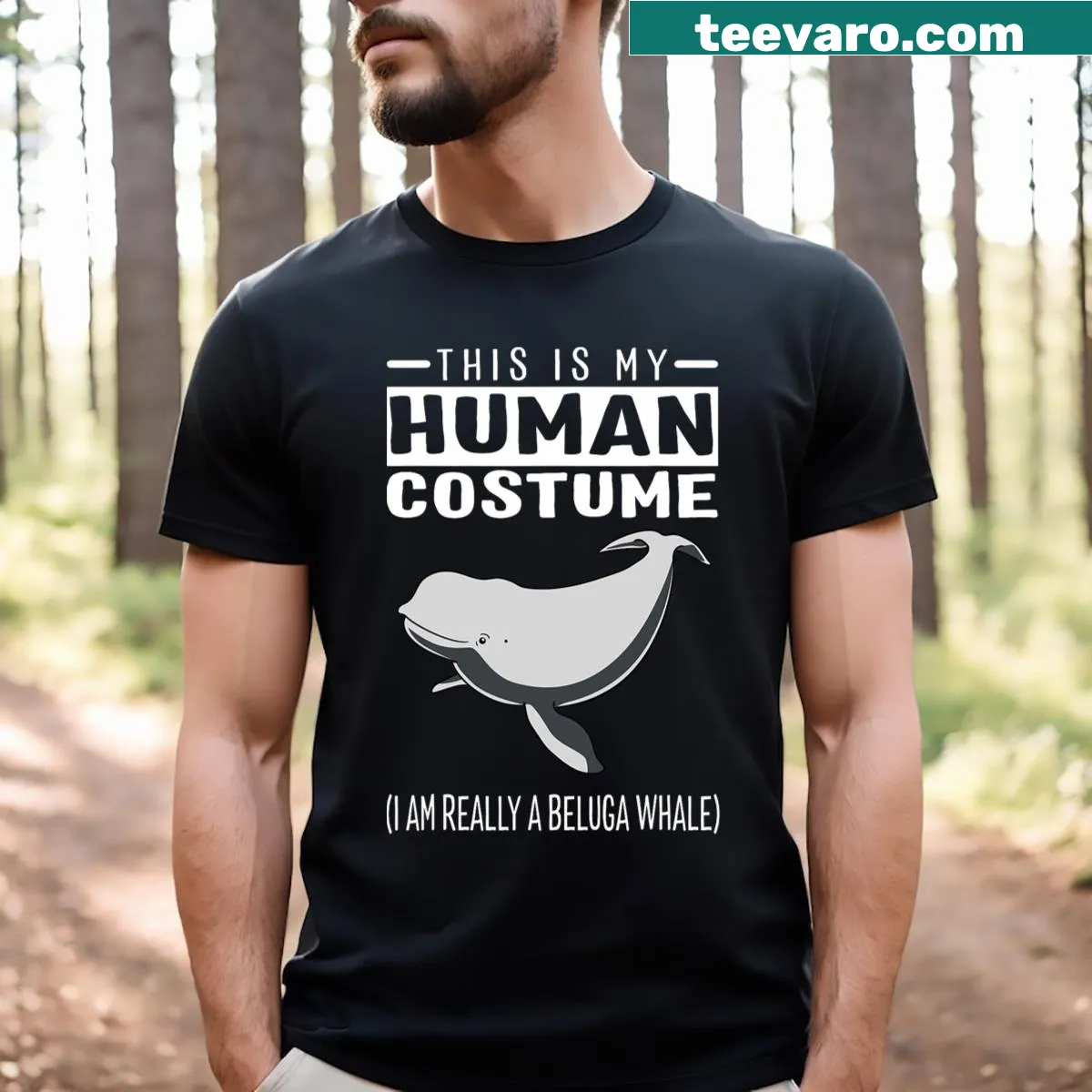 Fun T-shirt featuring a beluga whale illustration and humorous text — on a men's t-shirt