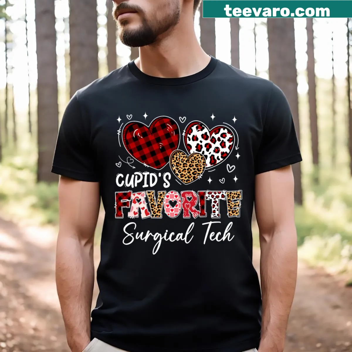 Surgical tech Valentine's Day t-shirt with hearts and playful text — on a men's t-shirt