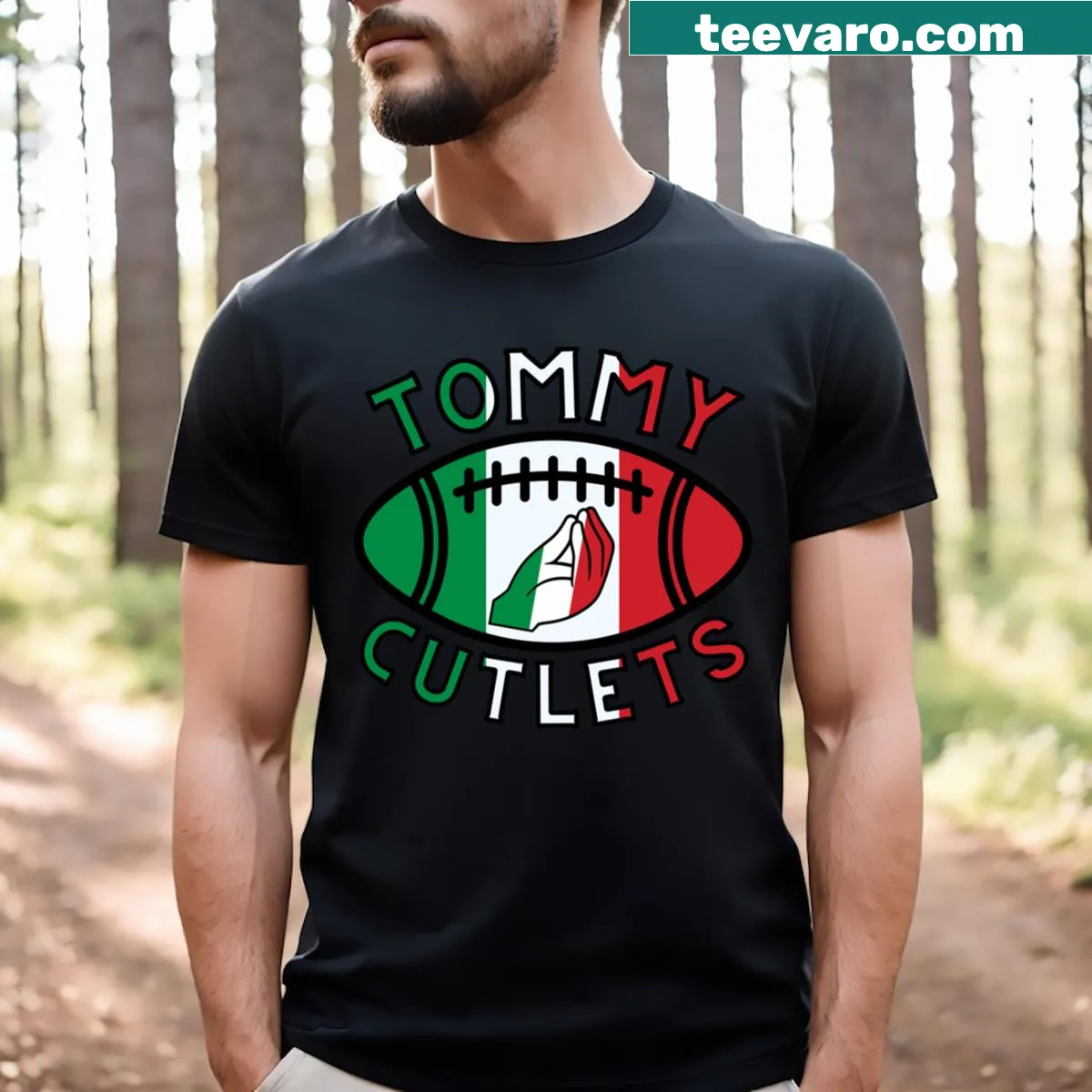 Illustrated t-shirt of a hand holding a delicious cutlet — on a men's t-shirt