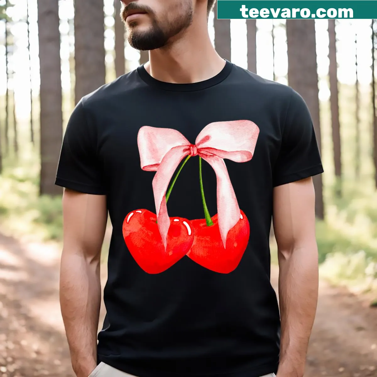 Trendy T-shirt with cherry and pink bow ribbon design — on a men's t-shirt