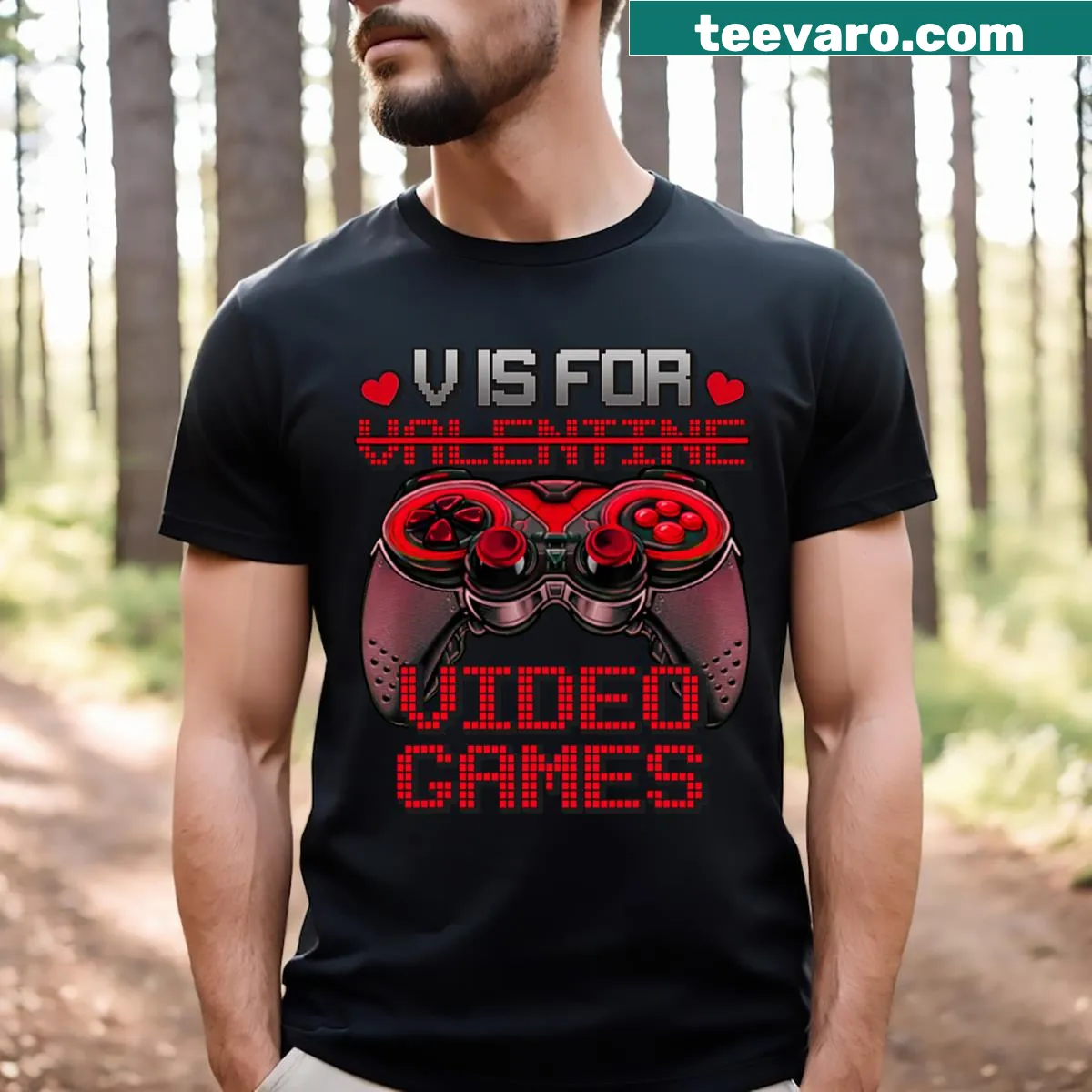 Video games controller graphic with text 'V Is For Video Games' — on a men's t-shirt