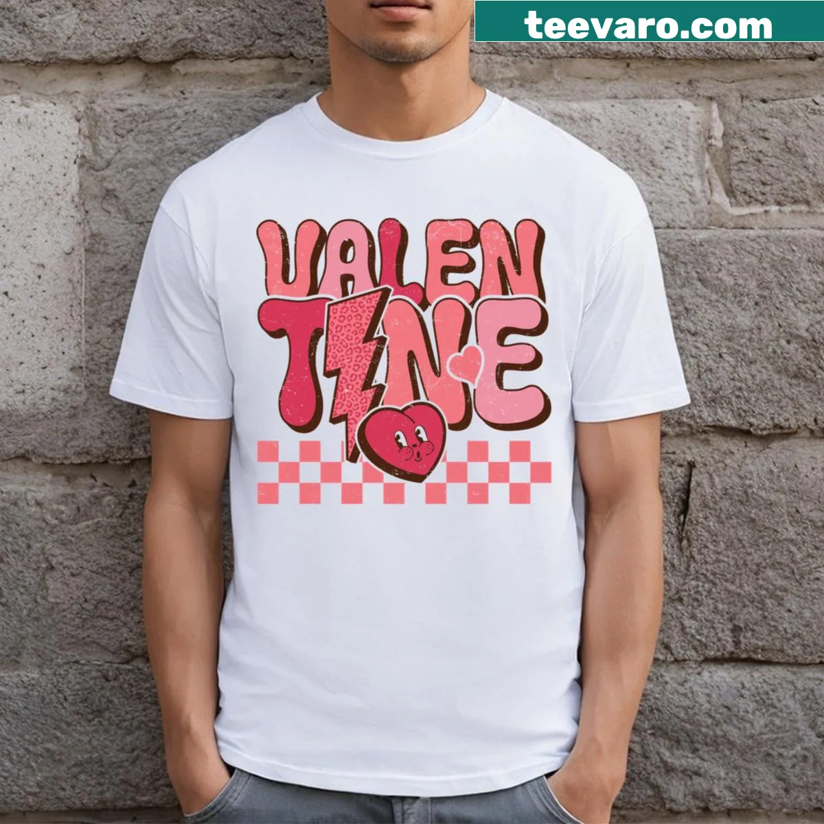 Pullover T-shirt with 'Valen Tone Love' text for couples — on a men's t-shirt