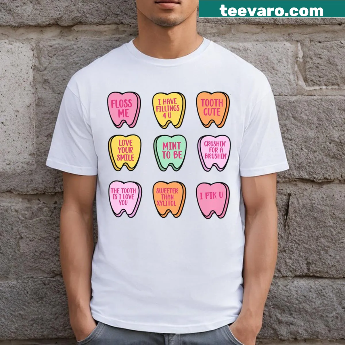 Retro design of a tooth with candy hearts for Valentine's Day — on a men's t-shirt