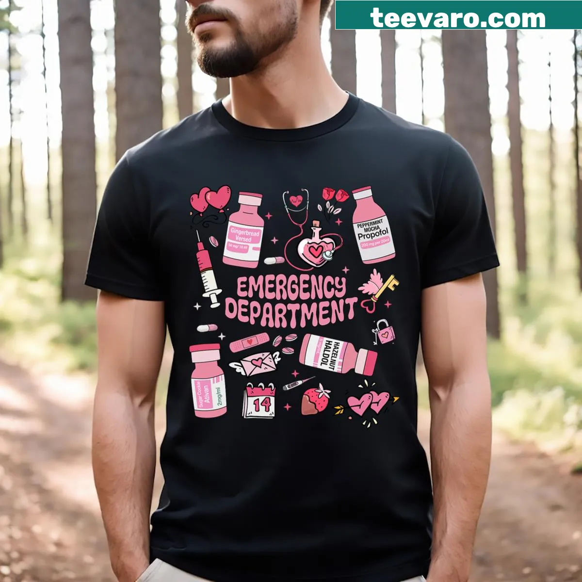 Funny nurse-themed Valentine's Day T-shirt with medical and heart graphics — on a men's t-shirt
