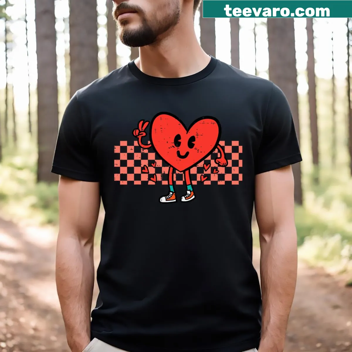 Retro groovy Valentine's Day T-shirt with peace hand and hearts — on a men's t-shirt