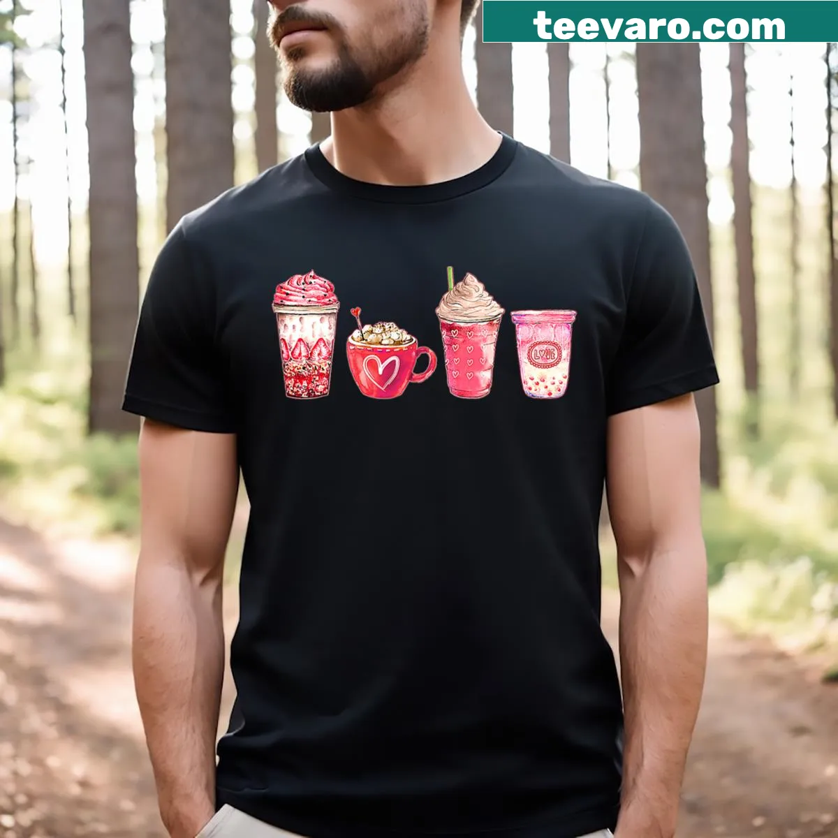 Cute Valentine's Day T-shirt with pink coffee cups and hearts — on a men's t-shirt