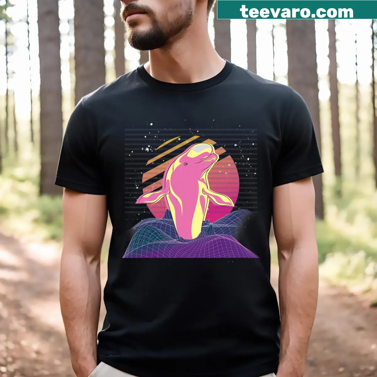 Retro vaporwave style T-shirt featuring a beluga whale — on a men's t-shirt